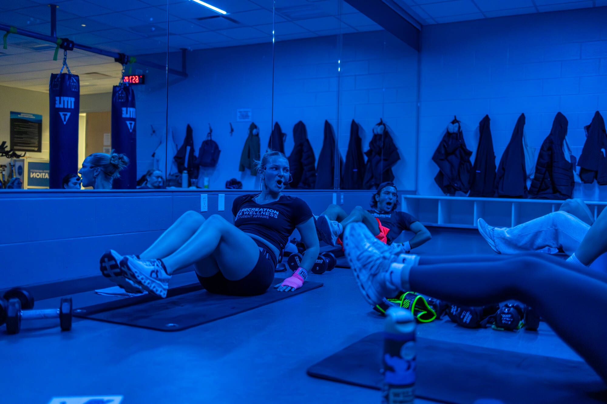 Photo of group fitness instructors, Amelia and Michael, during fusion class.